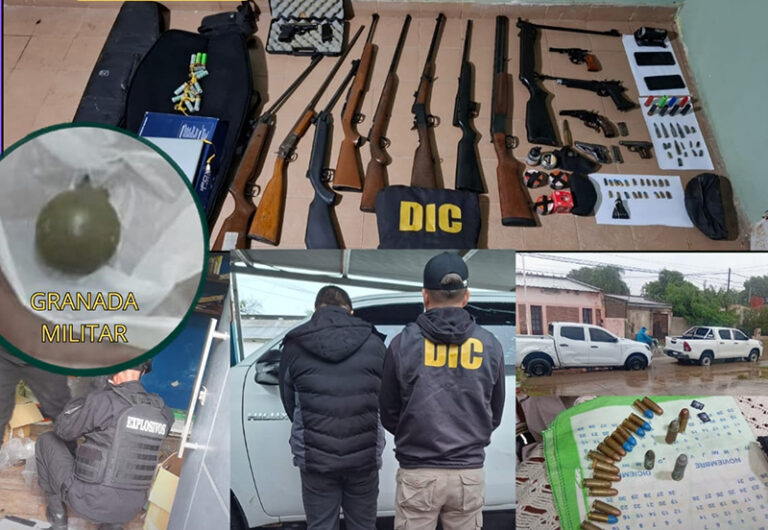 Policía secuestra arsenal y granada en allanamiento en Villa Ángela