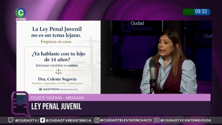 Abogada Celeste Segovia explica aspectos de la ley penal juvenil en un estudio de televisión