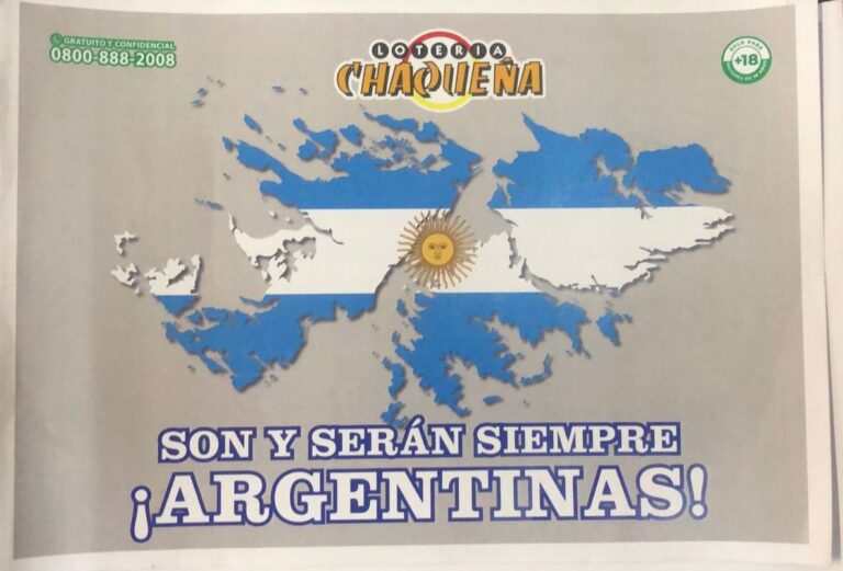 Cartón de bingo de Lotería Chaqueña con imagen y lema alusivo a las Islas Malvinas