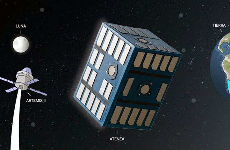 Ilustración del microsatélite argentino Atenea en el espacio, con la Tierra de fondo.