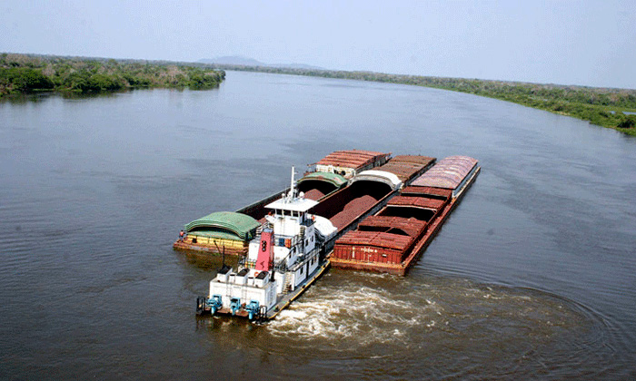 Puerto sobre el río Paraná con barcos de carga